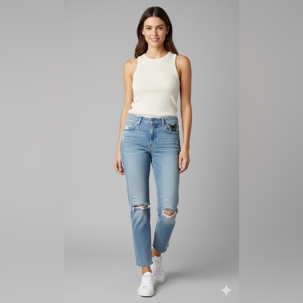 MAJE Light Blue Distressed Jeans with Butterfly Patch